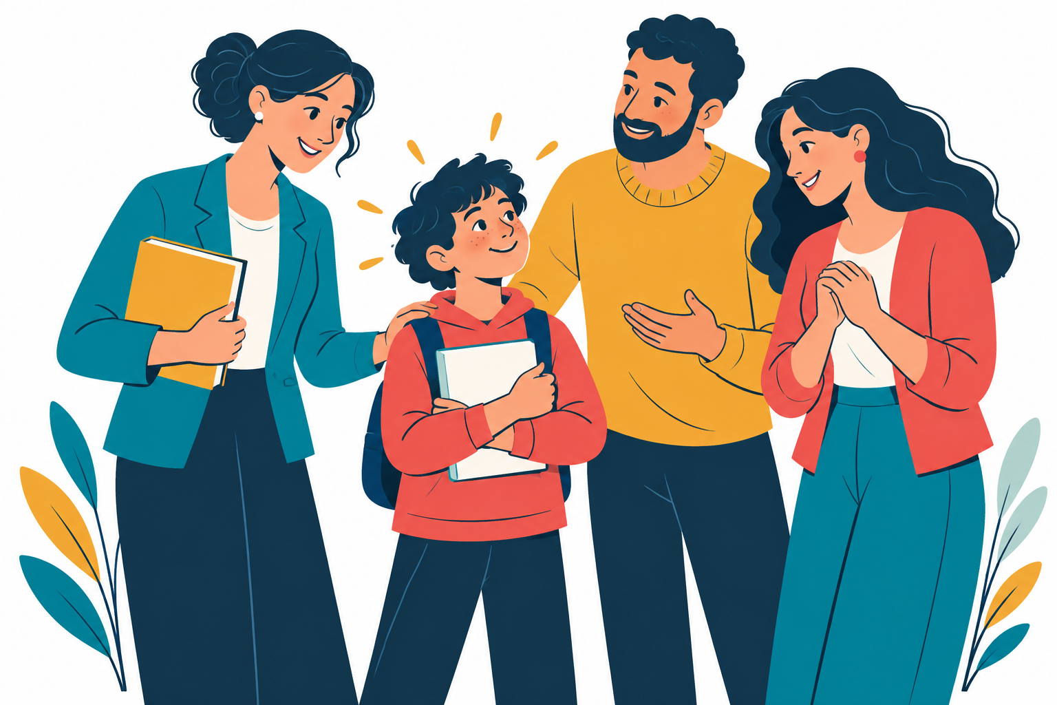 Illustrazione di scuola, famiglia e comunità attorno a un bambino